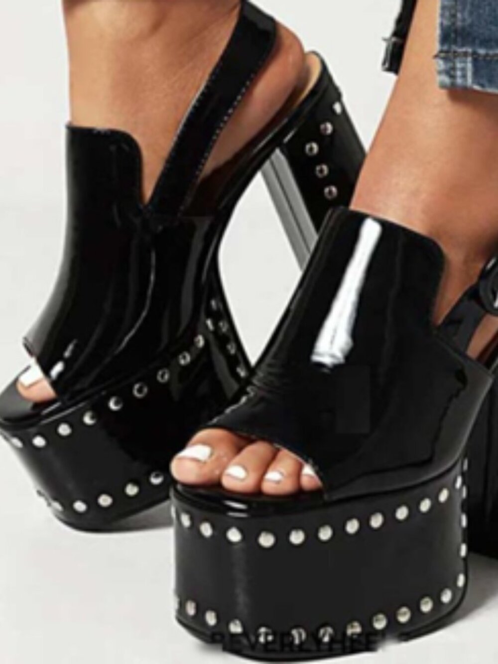 Women Platform Pumps Open Toe Thick High Heeled Studded Height Increase Ladies